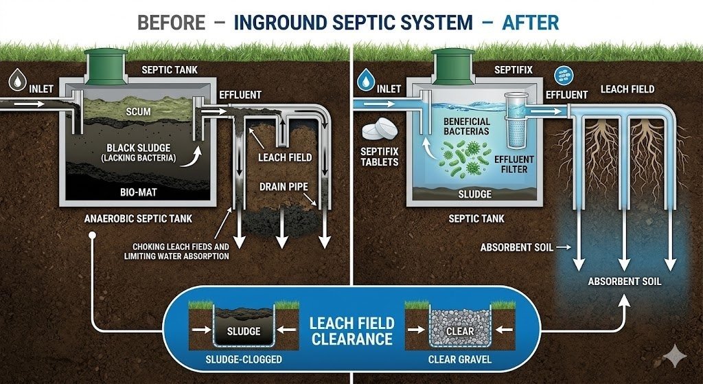 Before and after diagram of an inground septic tank treated with Septifix