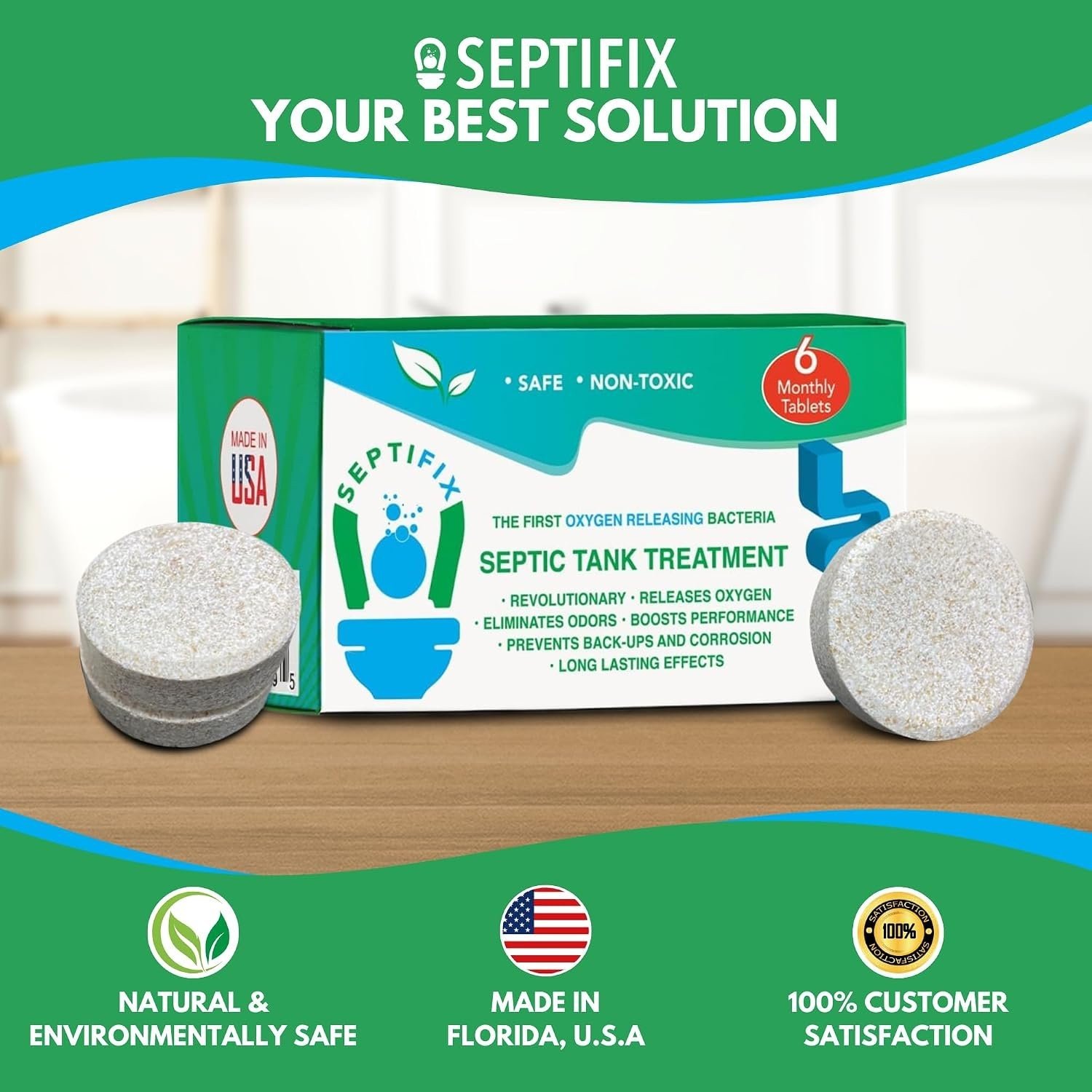 Septifix box showing made in USA and satisfaction guarantee badges